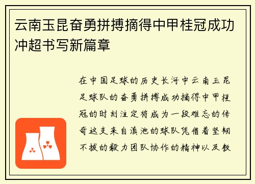 云南玉昆奋勇拼搏摘得中甲桂冠成功冲超书写新篇章