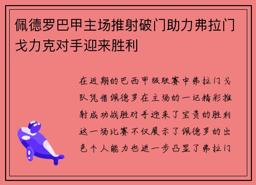佩德罗巴甲主场推射破门助力弗拉门戈力克对手迎来胜利