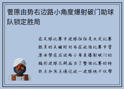 菅原由势右边路小角度爆射破门助球队锁定胜局 菅原由势右边路小角度爆射破门助球队锁定胜局